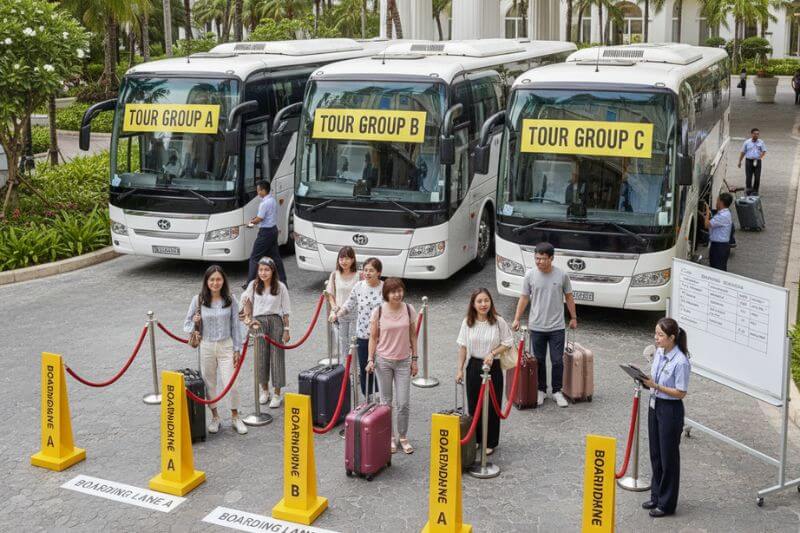 Partner-branded run sheets and directional signage being prepared backstage for a corporate shuttle operation, with bay assignments and boarding waves